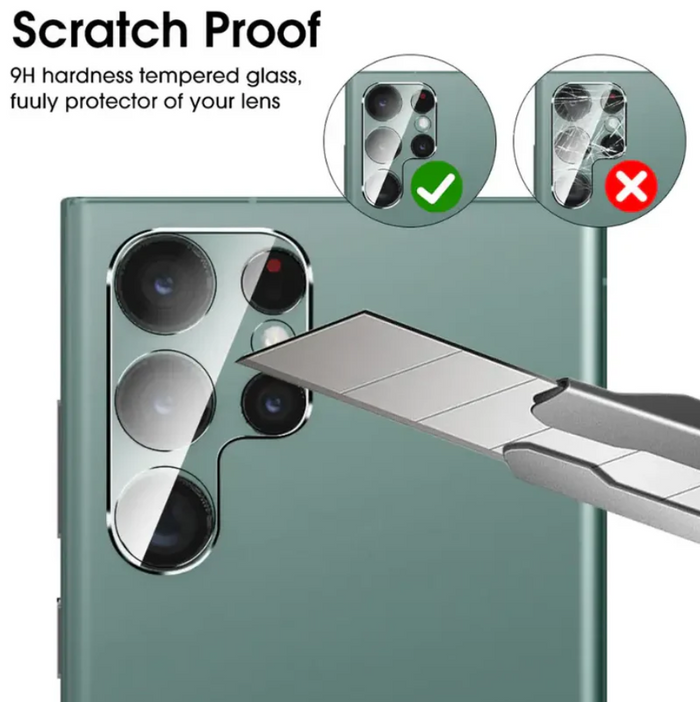 Samsung Galaxy S23 Ultra glass camera lens shield protector, clear mobile phone screen protector with precise fit and durable glass.