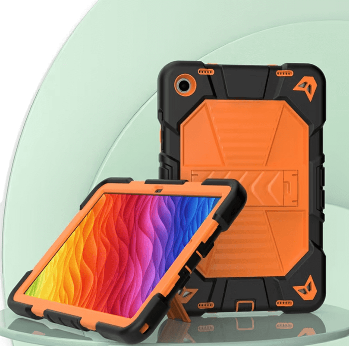 Techplus Samsung Galaxy Tab A11 rugged shockproof case in orange with built-in kickstand, providing durable protection and hands-free viewing.