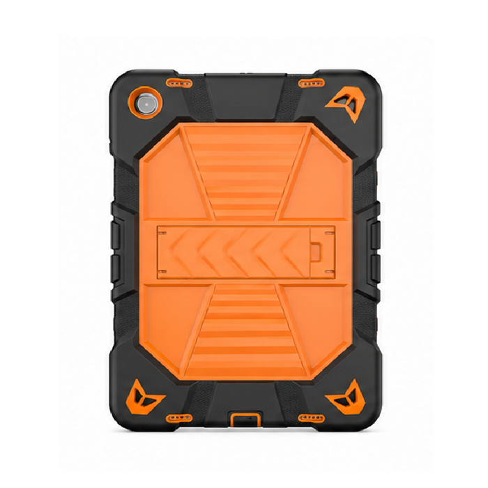 TechPlus Samsung Galaxy Tab A11 rugged shockproof case with kickstand in orange, showing the protective design and sturdy build.