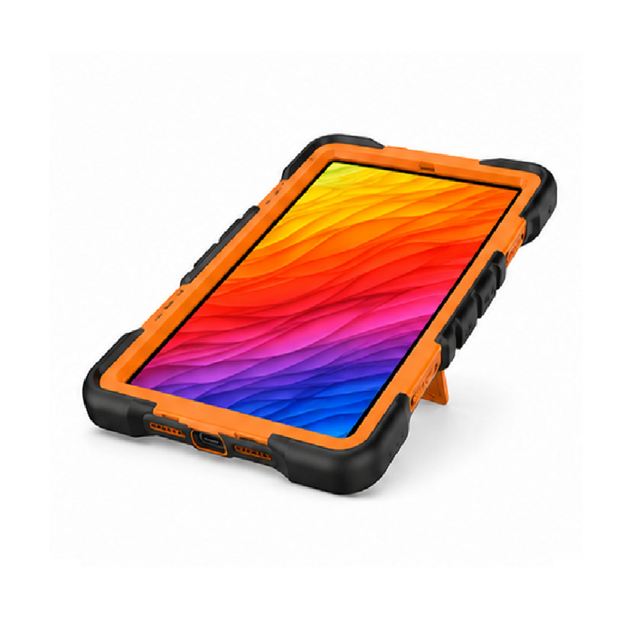 Orange TechPlus Samsung Galaxy Tab A11 rugged shockproof case with kickstand, designed for durable protection and hands-free viewing.