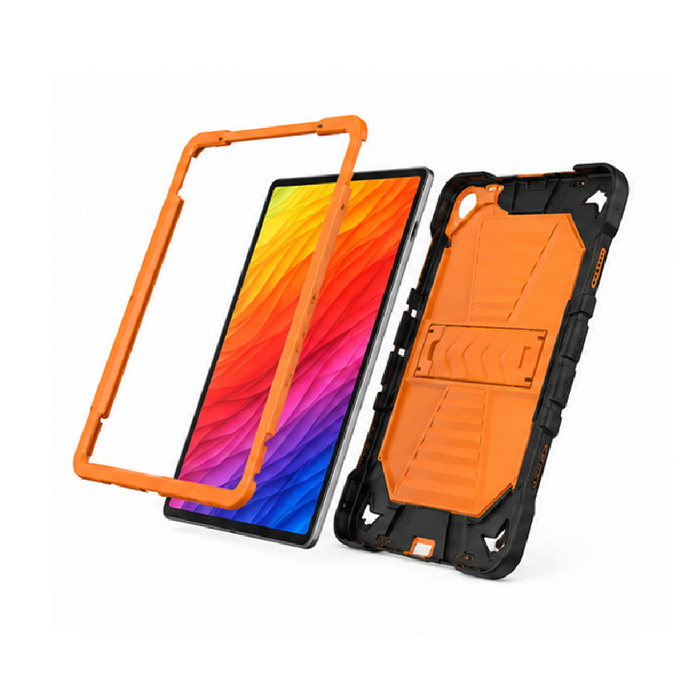 Techplus Samsung Galaxy Tab A11 rugged shockproof case with orange color and built-in kickstand for enhanced protection and viewing.