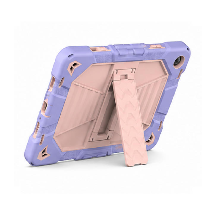 Pink Samsung Galaxy Tab A9 rugged shockproof case with kickstand, featuring textured grip and protective bumpers.