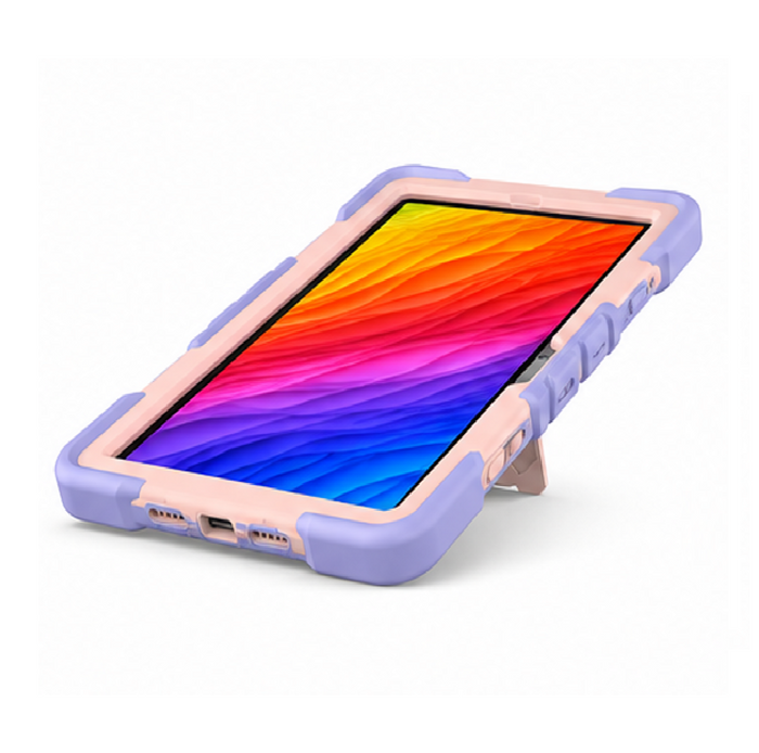 Pink TechPlus Samsung Galaxy Tab A9 rugged shockproof case with kickstand, showing textured exterior and reinforced corners.