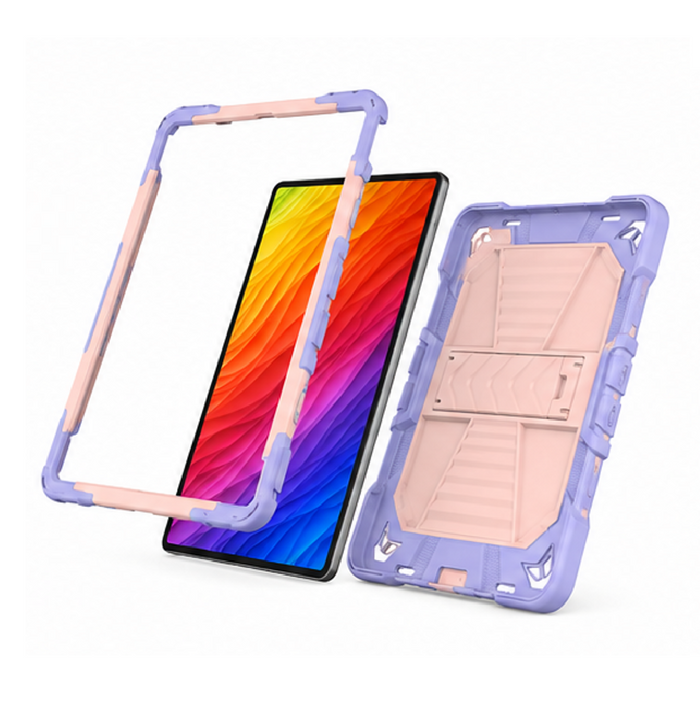 Pink Samsung Galaxy Tab A9 rugged shockproof case with kickstand, featuring textured grip and protective design by techplus.