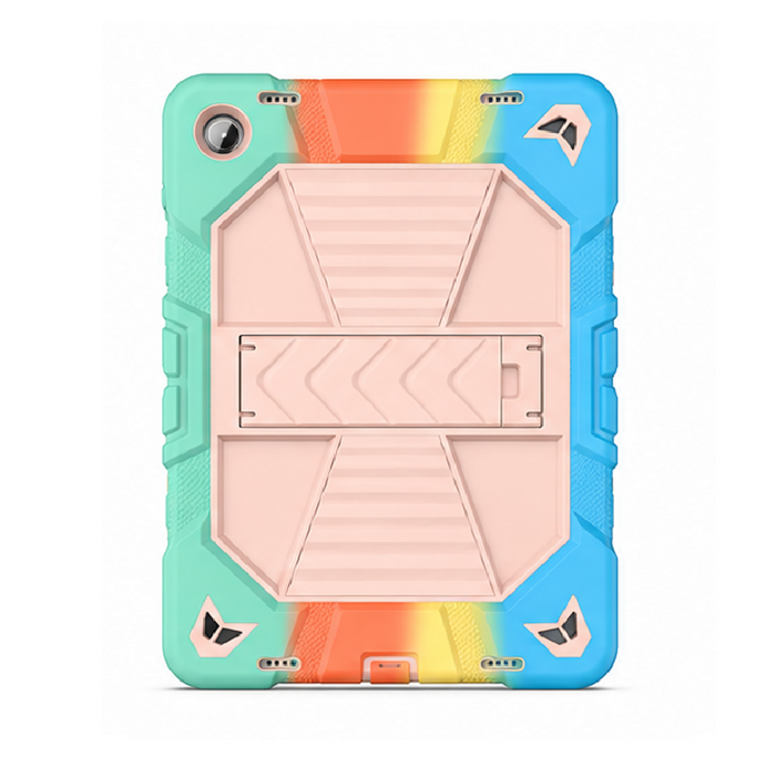 Samsung Galaxy Tab A9 rugged shockproof case with rainbow design and kickstand, made by TechPlus, showing the protective exterior and stand feature.