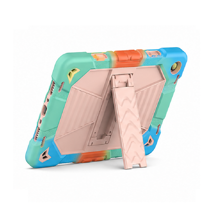 Techplus Samsung Galaxy Tab A9 rugged shockproof case with rainbow design and kickstand, providing durable protection and stand functionality.