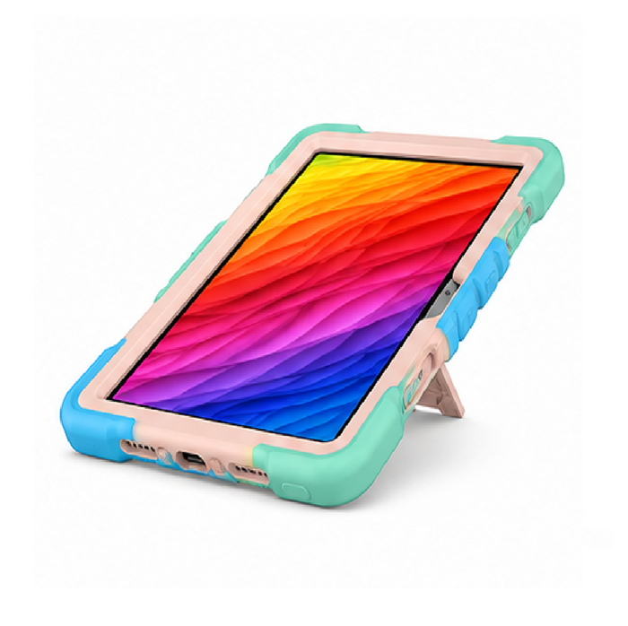 Samsung Galaxy Tab A9 rugged shockproof case with rainbow design and built-in kickstand, showing protective cover on tablet.