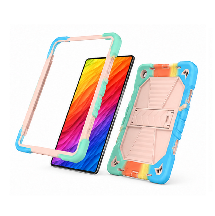Techplus Samsung Galaxy Tab A9 rugged shockproof case with rainbow design and built-in kickstand, providing durable protection.