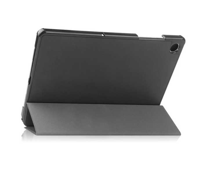 Black Samsung Galaxy Tab A9 tri-fold protective case with shockproof cover and stand feature, designed for techplus tablets.