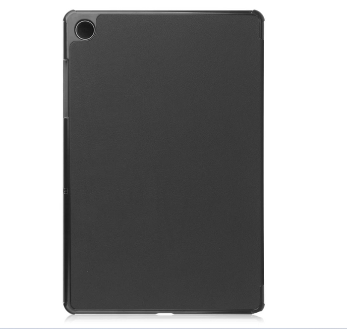 Samsung Galaxy Tab A9 tri-fold protective case by TechPlus, showing slim stand cover with shockproof design from side view.