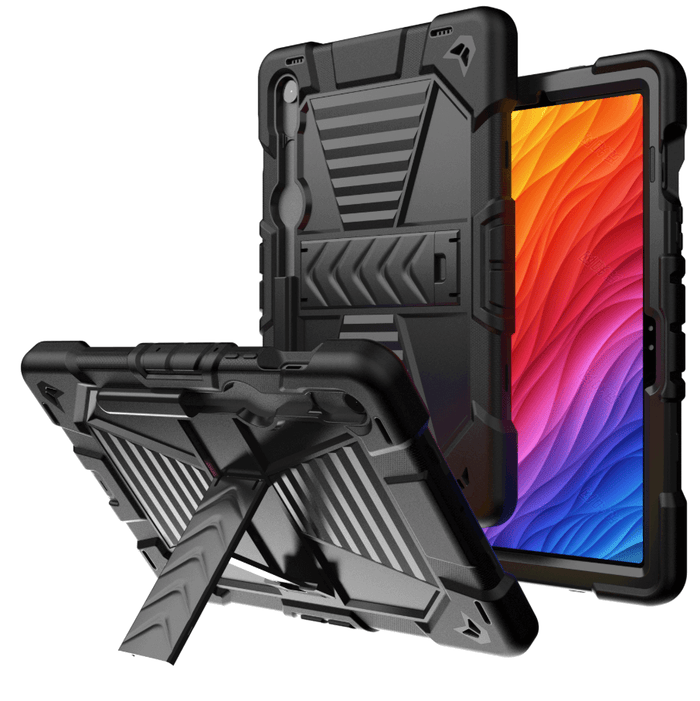 Black Samsung Galaxy Tab S8 rugged shockproof case with kickstand by TechPlus, showing the textured exterior and built-in stand.