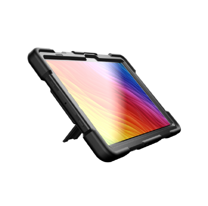 Samsung Galaxy Tab S8 rugged shockproof case with kickstand, black, showing textured surface and sturdy design from TechPlus.
