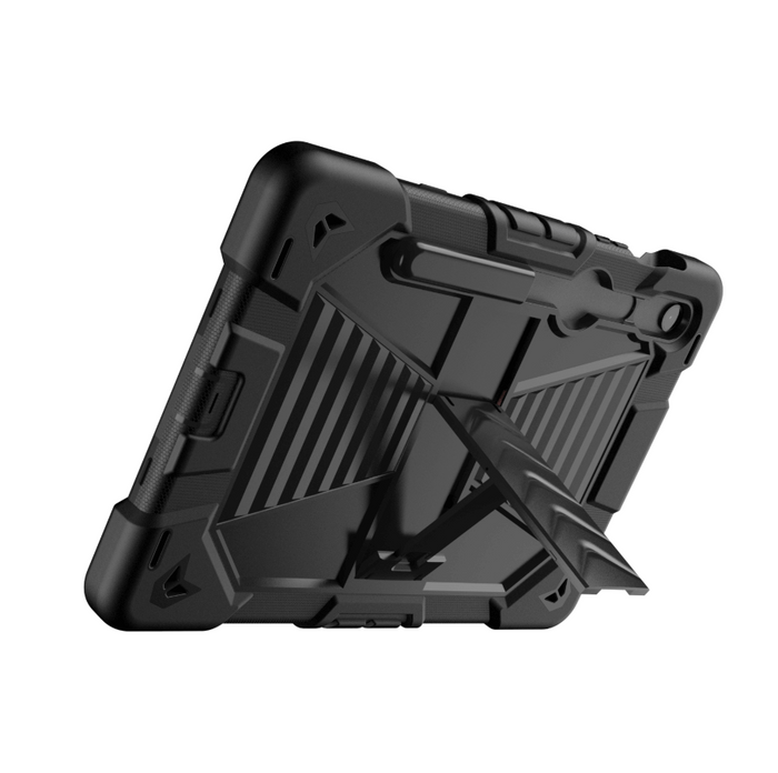 Black Samsung Galaxy Tab S8 rugged shockproof case with kickstand, designed by techplus for durability and protection.