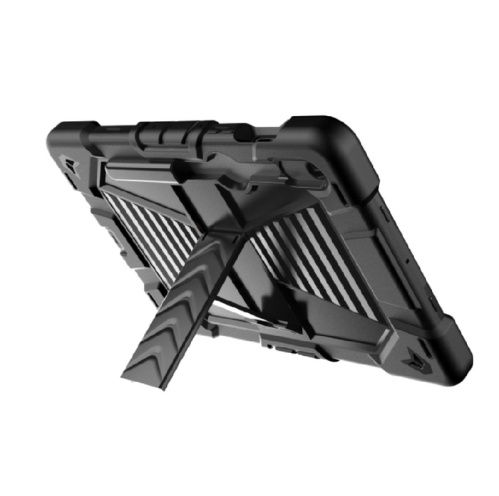Samsung Galaxy Tab S8 rugged shockproof case with kickstand in black, made by TechPlus, featuring textured protective design.