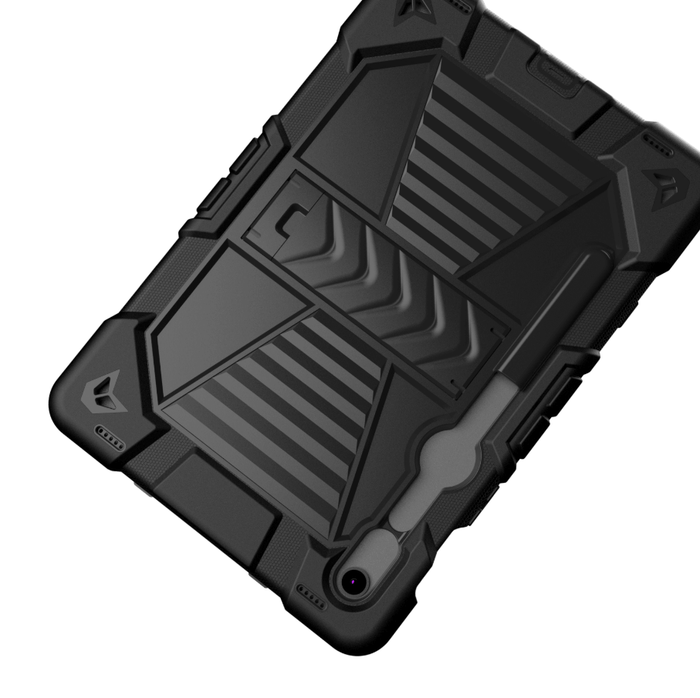 Black Samsung Galaxy Tab S8 rugged shockproof case with kickstand, designed by TechPlus for enhanced protection and convenience.