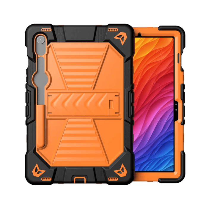 Techplus Samsung Galaxy Tab S8 Rugged Shockproof Case with kickstand in orange, durable protective cover for tablet.