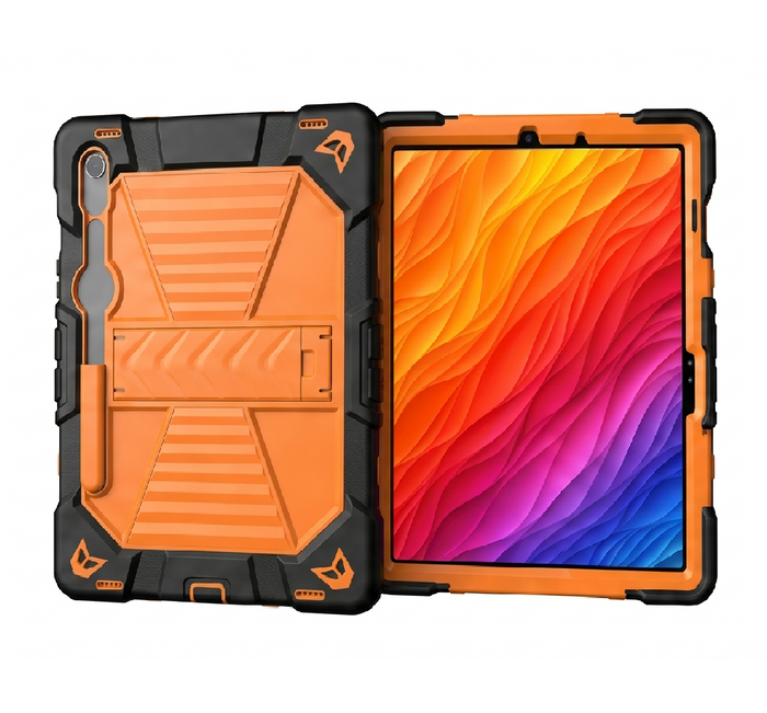 TechPlus Samsung Galaxy Tab S8 rugged shockproof case in orange with kickstand, designed for durability and protection.