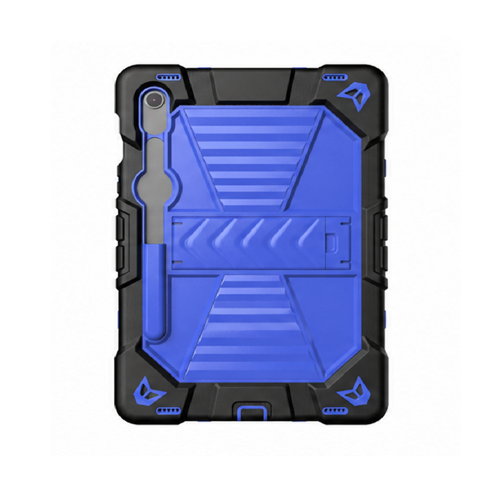 Samsung Galaxy Tab S9 FE rugged shockproof case with kickstand in blue, designed for durable protection and stand functionality.