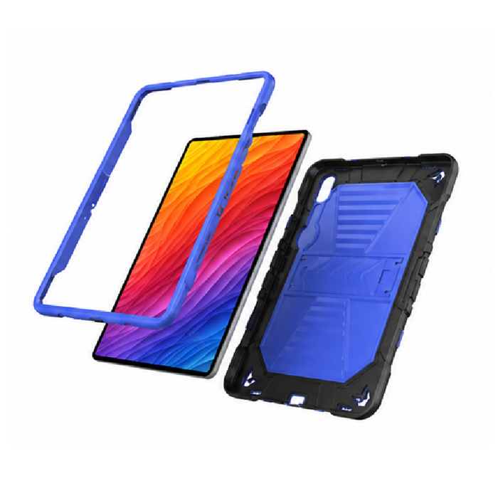 TechPlus Samsung Galaxy Tab S9 FE blue rugged shockproof case with kickstand, featuring textured surface and reinforced edges.