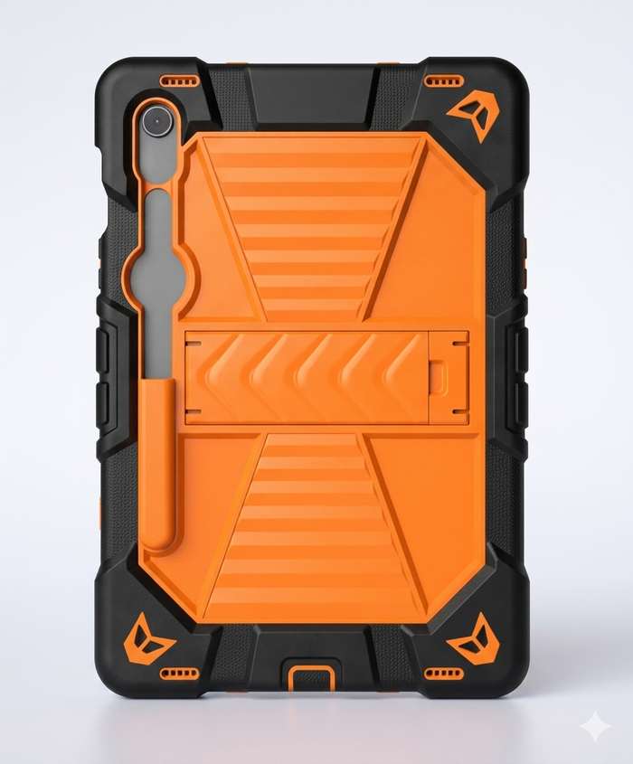 Samsung Galaxy Tab S9 FE rugged shockproof case with kickstand, designed by techplus, showing the sturdy protective cover and stand feature.