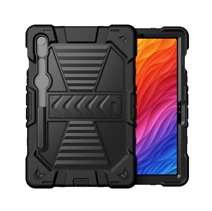 Samsung Galaxy Tab S9 rugged shockproof case in black with kickstand, designed by TechPlus for durable tablet protection.