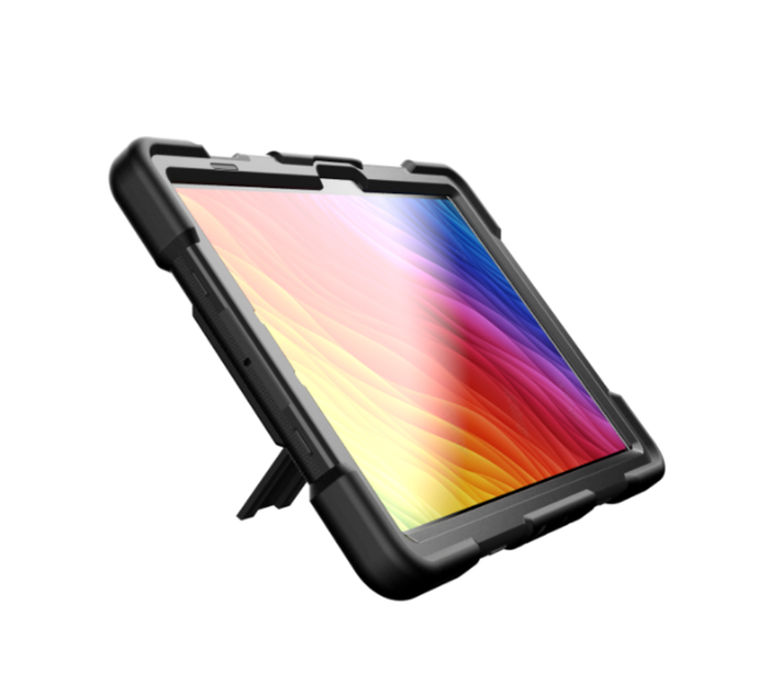 Samsung Galaxy Tab S9 rugged shockproof case with kickstand in black, designed for durable protection and hands-free viewing.
