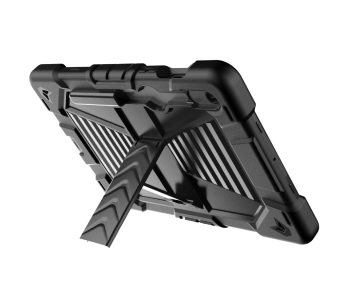 Samsung Galaxy Tab S9 rugged shockproof case with kickstand in black, designed by TechPlus, offers durable protection and hands-free viewing.