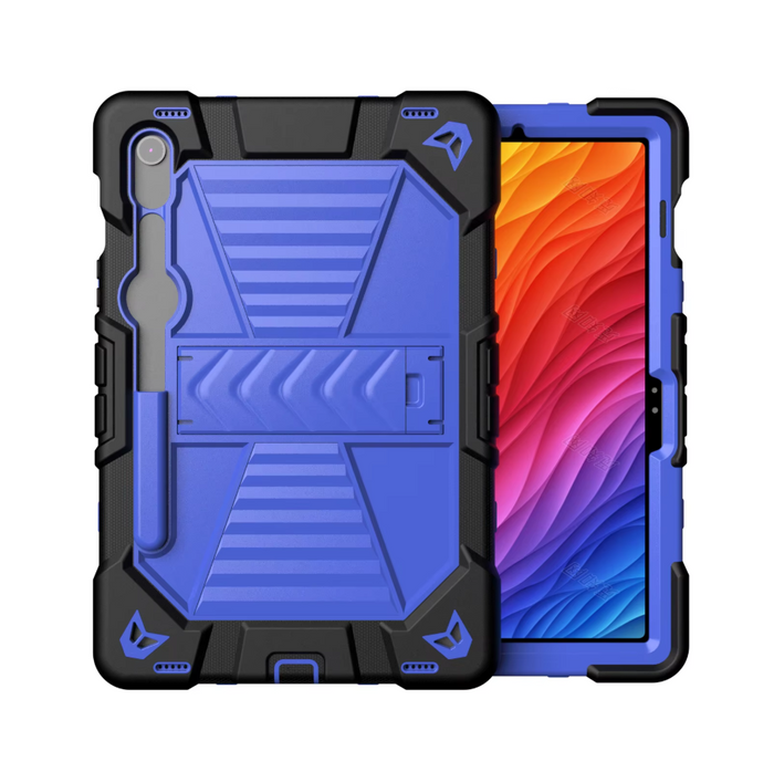 Samsung Galaxy Tab S9 rugged shockproof case in blue with built-in kickstand, designed by TechPlus.