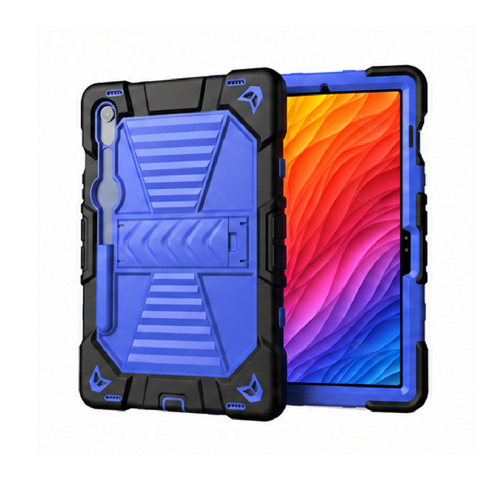 Samsung Galaxy Tab S9 rugged shockproof case with kickstand in blue, designed by TechPlus for durable tablet protection.