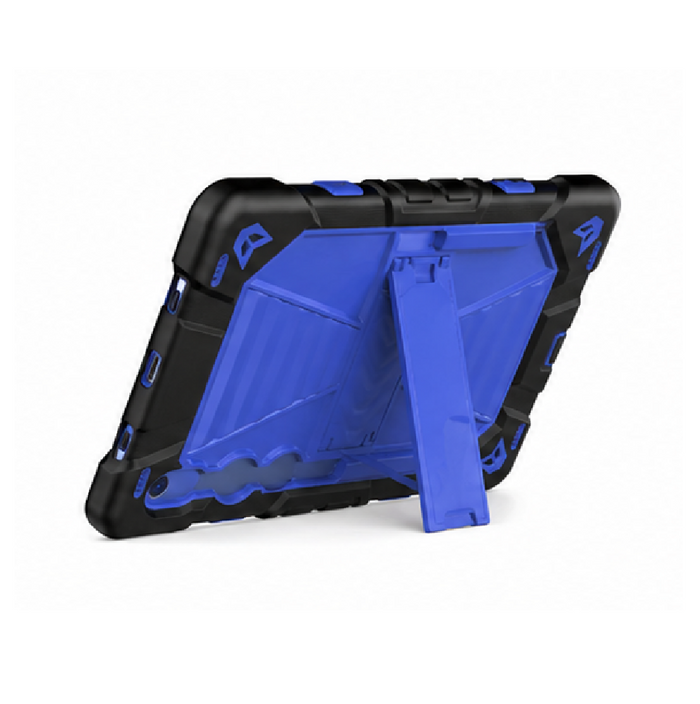 Blue Samsung Galaxy Tab S9 rugged shockproof case with kickstand from TechPlus, showing the durable textured exterior and built-in stand.
