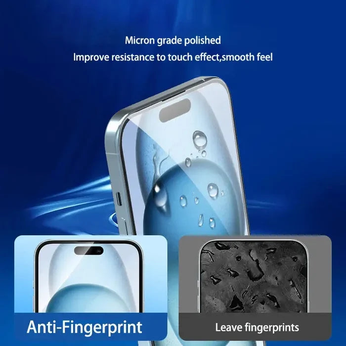 Set of four Habicare 9eight5 tempered glass screen protectors for iPhone, designed to fit all models.
