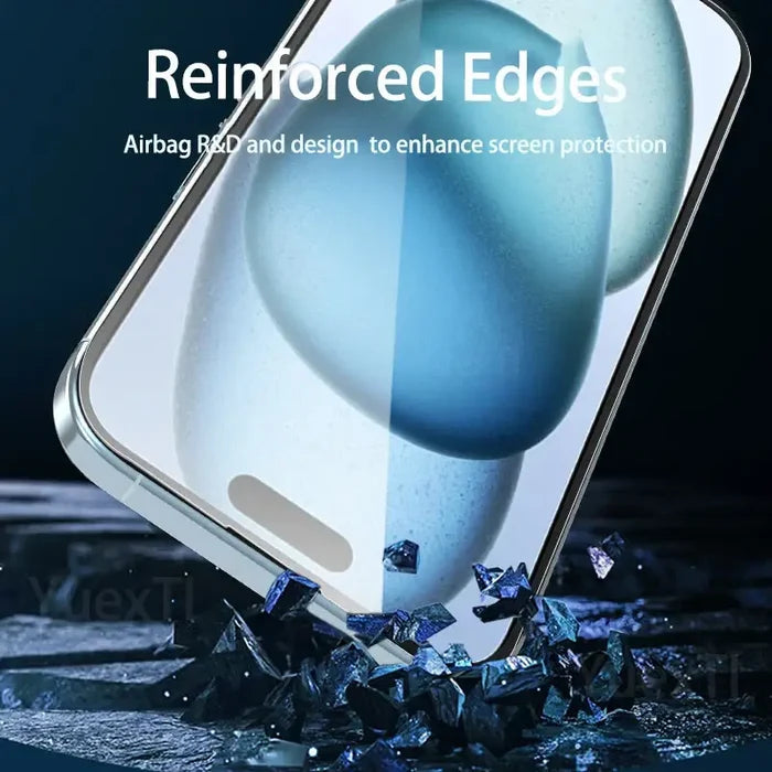 Set of four Habicare 9eight5 tempered glass screen protectors for iPhone models, showing clear, durable protection for device screens.