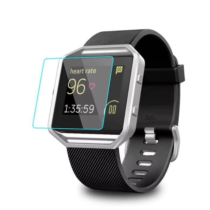 Fitbit Blaze smartwatch with silver and black screen protector, clear protective cover for watch screen, from That Watch Shop.
