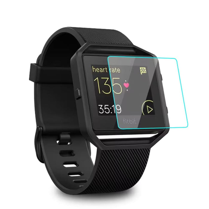 Black Fitbit Blaze screen protector for smartwatch, showing a clear protective film on the device's display.