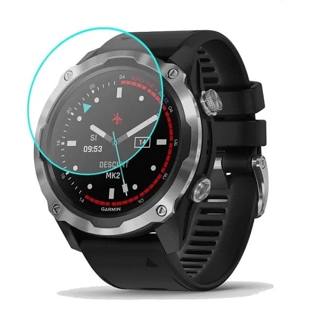 Close-up of Garmin Descent Mk2 / Mk2i watch screen protector, showing clear, durable glass fitting snugly on the smartwatch display.