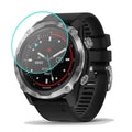 Close-up of Garmin Descent Mk2 / Mk2i watch screen protector, showing clear, durable glass fitting snugly on the smartwatch display.