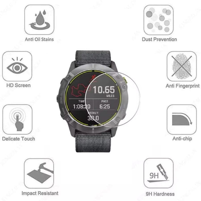 Garmin Enduro smartwatch with clear screen protector, protective film covering the watch face for scratch resistance and durability.