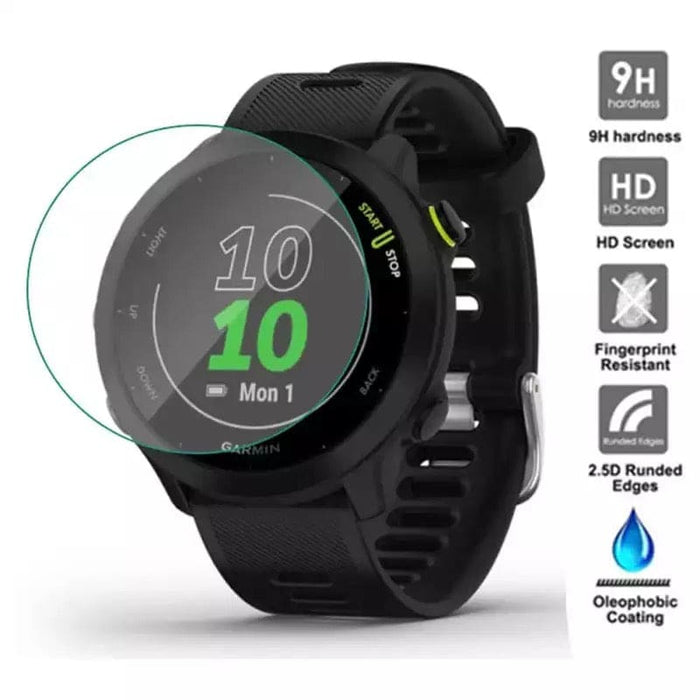 Clear Garmin Forerunner 158 watch screen protector from That Watch Shop, showing a transparent protective layer on the watch screen.