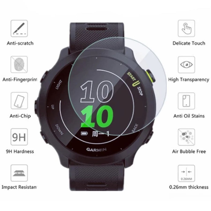 Clear screen protector for Garmin Forerunner 55 watch, providing protection and enhanced durability for the watch display.
