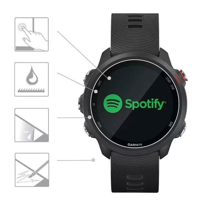 Clear screen protector for Garmin Forerunner 245 Series smartwatch, providing scratch and smudge protection.