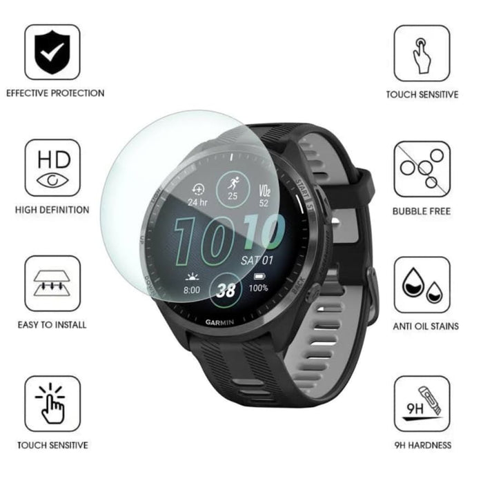 Clear screen protector for Garmin Forerunner 965 sports watch, showing a close-up of the protective film on the watch face.
