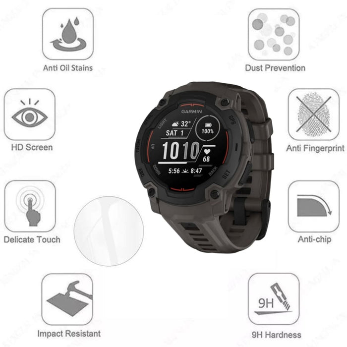 Rugged digital smartwatch Garmin Instinct E 45mm with clear screen protector, designed to shield the watch face from scratches.