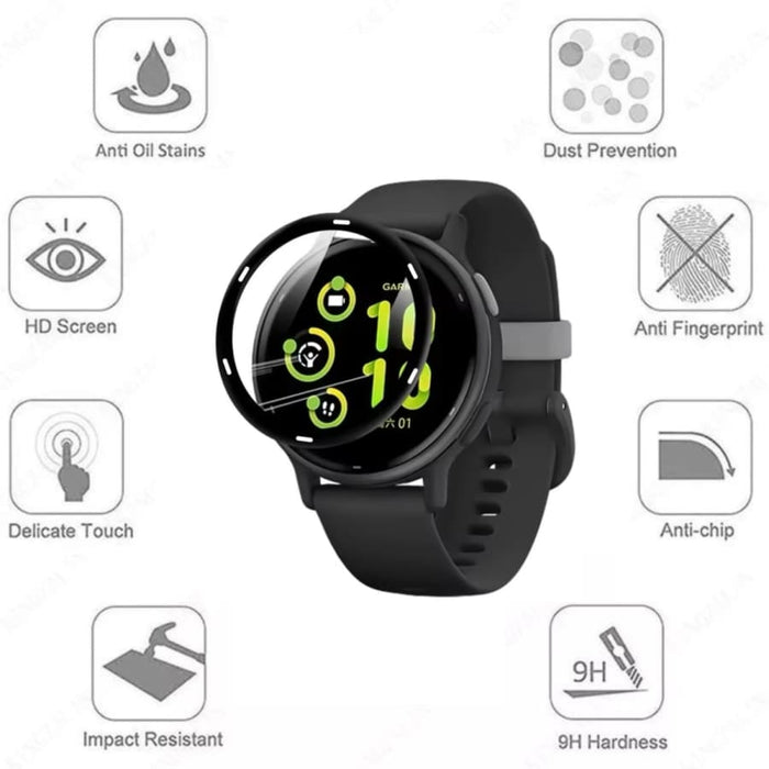 Two black Garmin Vivoactive 5 screen protectors for smartwatch, round shape, designed to protect the watch display.