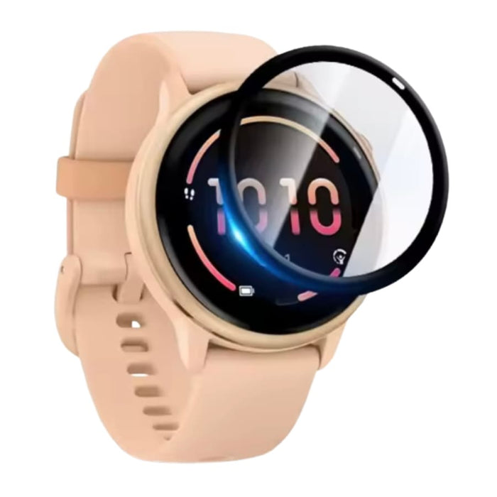 Peach-colored Garmin Vivoactive 6 smartwatch with a clear screen protector applied, showing detailed watch face and band.