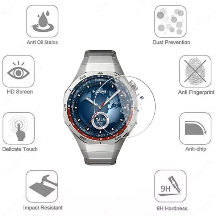 Huawei GT5 46mm watch screen protector from That Watch Shop on silver smartwatch, protects the display from scratches and damage.