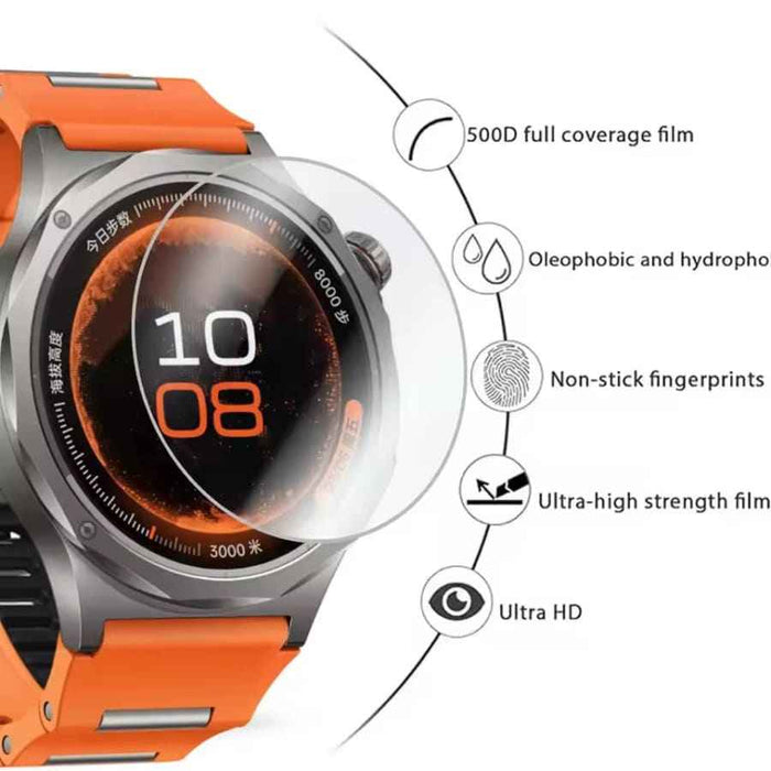 Clear screen protector for OnePlus Watch 4, pack of 2, shown on a smartwatch case in this image.