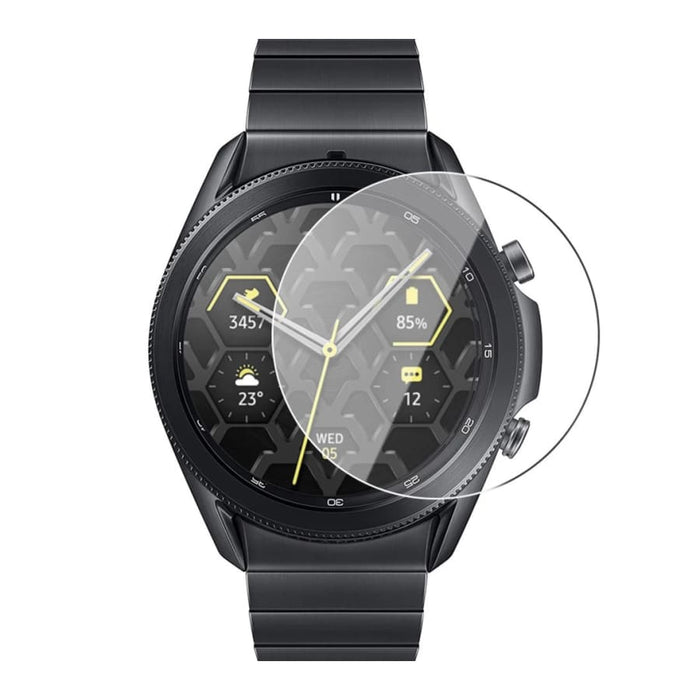 Samsung Galaxy Watch Gear S2 screen protector from That Watch Shop, showing clear plastic film over watch face for protection.