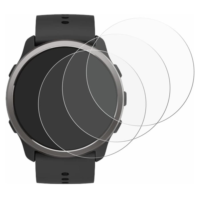 Pair of Suunto 5 Peak screen protectors in clear watch case, showing protective film and precise cutouts for the smartwatch.