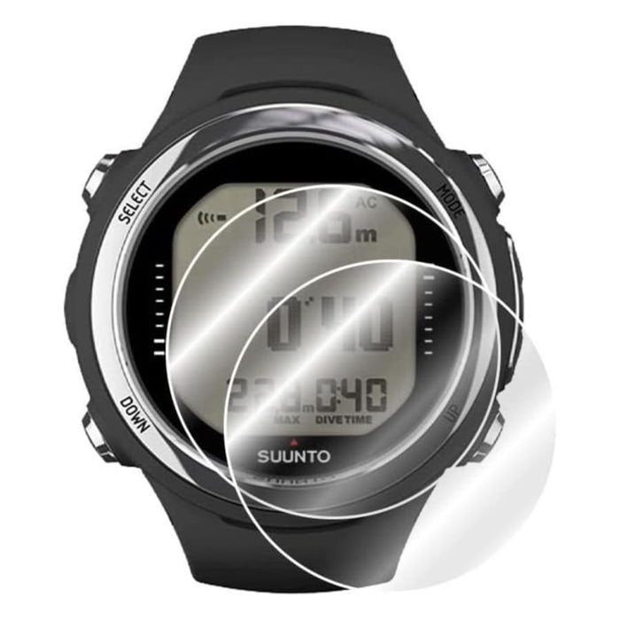 Pair of clear screen protectors for Suunto D4i watch, designed to shield the watch face from scratches and damage.