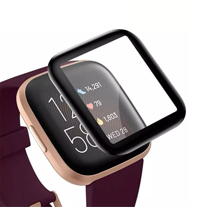 Pack of two Fitbit Versa 2 screen protectors by That Watch Shop, rose gold smartwatch with protective film on the screen.